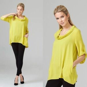 Joseph Ribkoff Tunic Blouse Cowl Neck Yellow Limeade Pockets Size 4